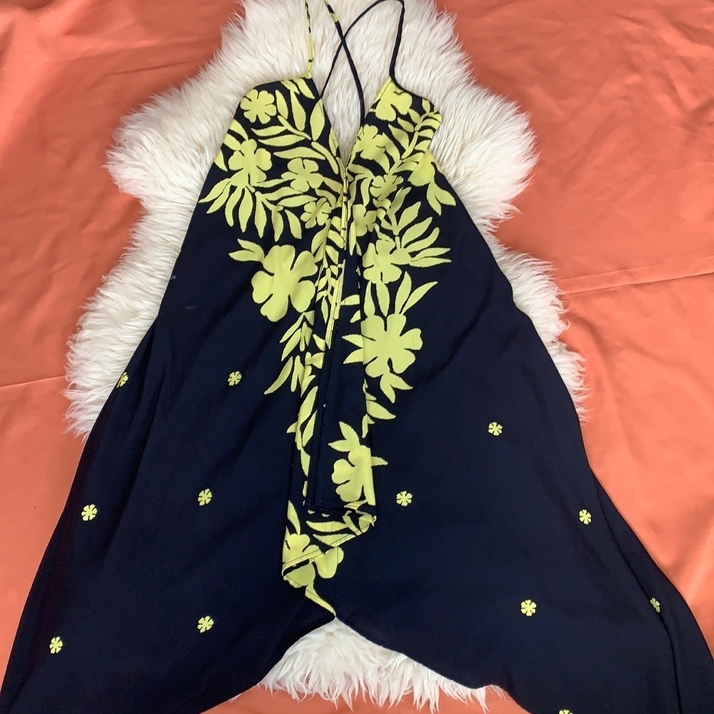 ASYMMETRICAL FLORAL NAVY&YELLOW SUMMER DRESS M